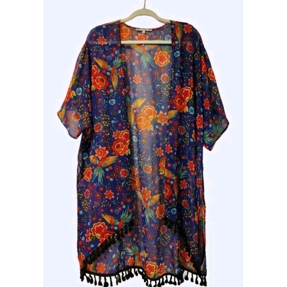 Sweet Rain Blue Floral Parrot Tropical Sheer Kimono Cover Up Tasseled Open Sz M
